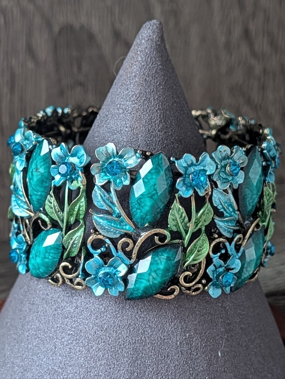 Turquoise Colored Brass Floral Cuff Bracelet